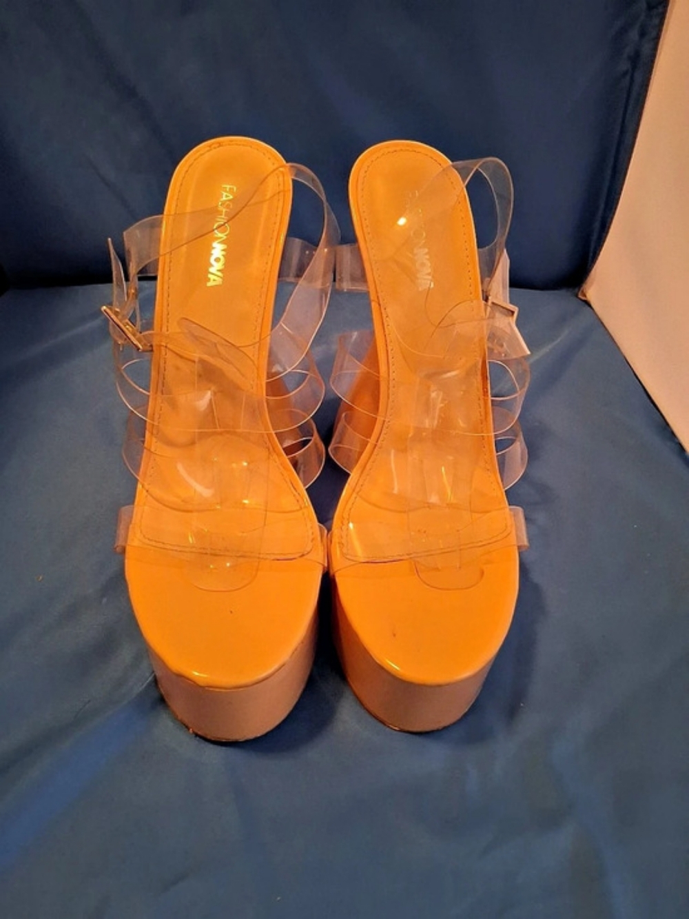 FASHION NOVA Platform Stiletto Heels 8.5 Beige/Clear Open Toe Buckle Straps - Picture 2 of 5